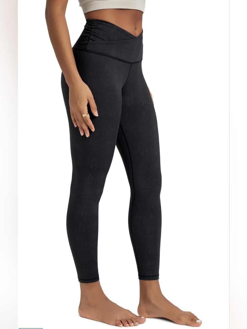 Ododos Leather Look Ankle Leggings Black Cross-waist V-front Size XS Short 25"